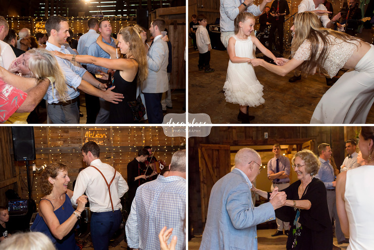 Guests dance at this barn wedding in Stowe VT.