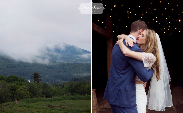 Scenic wedding photo of the bride and groom after their barn wedding in Stowe, VT.