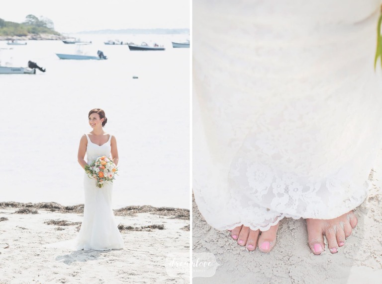 Bride is barefoot on Singing Beach for a backyard wedding in Manchester by the Sea.