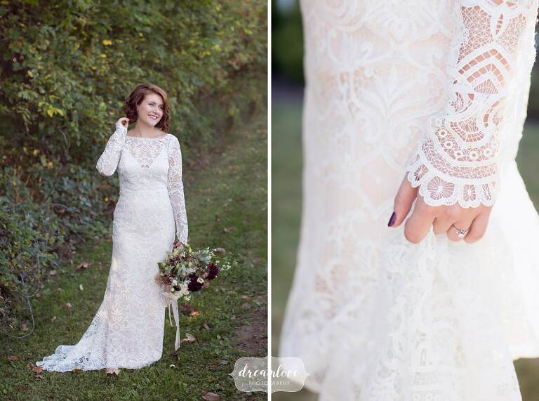 Stunning embroidered wedding dress with a lace shrug over the top with long sleeves at this Hudson Valley wedding.