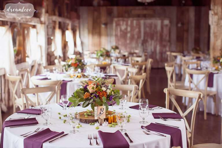 Purple and yellow colors were great at this September wedding at the Bishop Farm barn wedding venue.