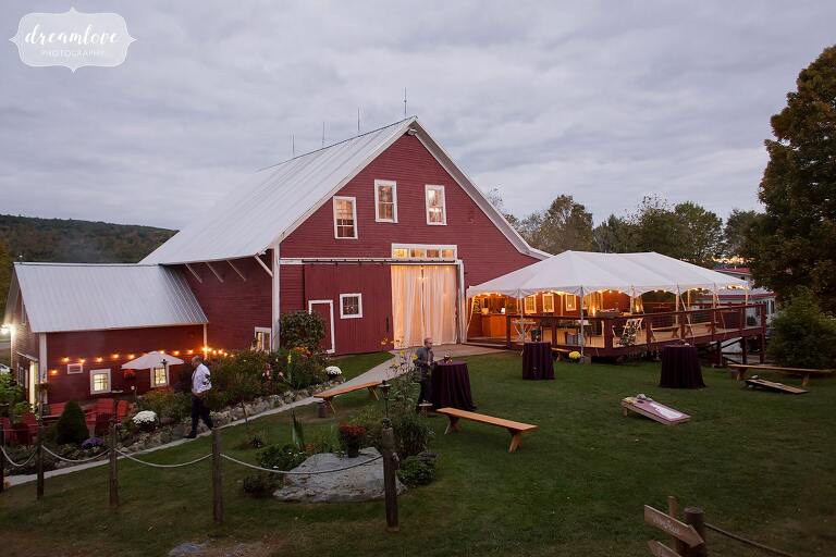 The red barn at dusk at the Bishop Farm wedding venue in NH.