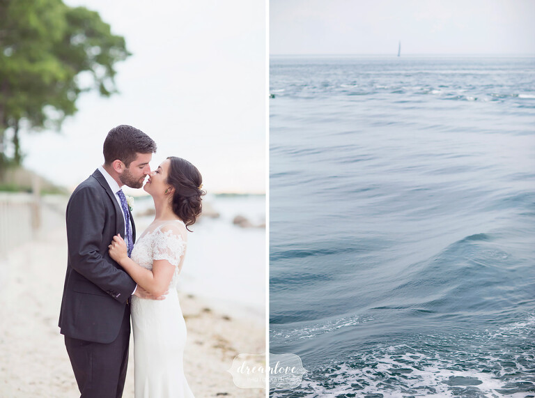 The bride and groom almost kiss before their romantic seaside wedding at Camp Quinipet.