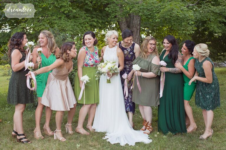 The bridesmaids in green at Bishop Farm wedding.