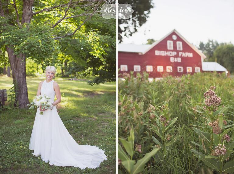 Boho bride in a Pronovias embroidered wedding dress at Bishop Farm barn in NH.