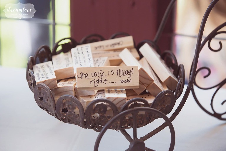 Funny words of advice for guest book jenga at Bishop Farm.