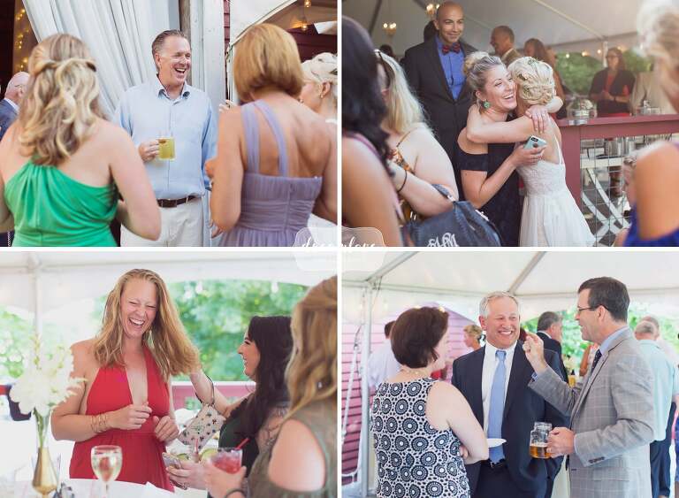 Candid moments of guests laughing at Bishop Farm wedding.