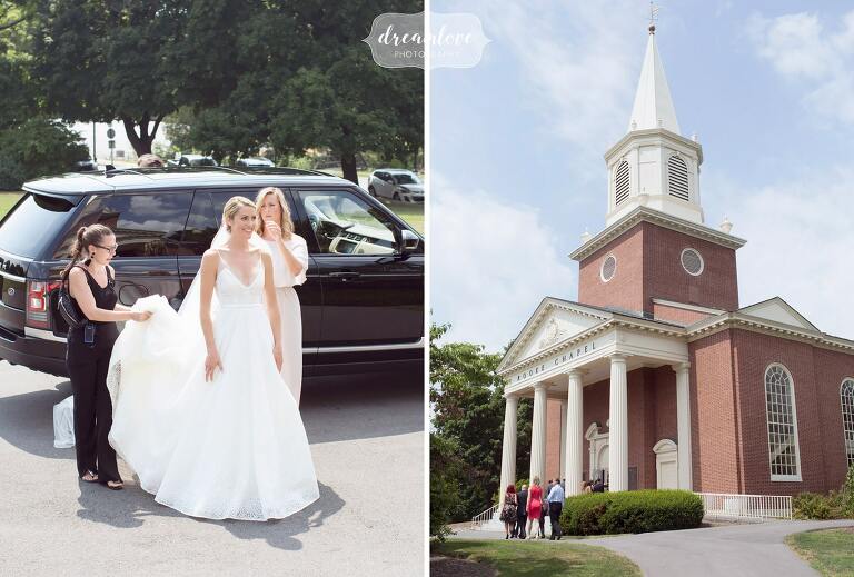 The bride arrives at the Rooke Chapel on Bucknell campus.