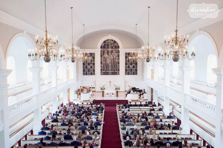 View of the inside of the Rooke Chapel for a wedding on Bucknell campus in Lewisburg, PA.