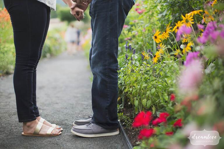 Unique engagement photo of couple's feet during their Bridge of Flowers engagement photo session in western MA.
