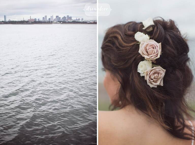 Coastal MA wedding details with flowers in hair.