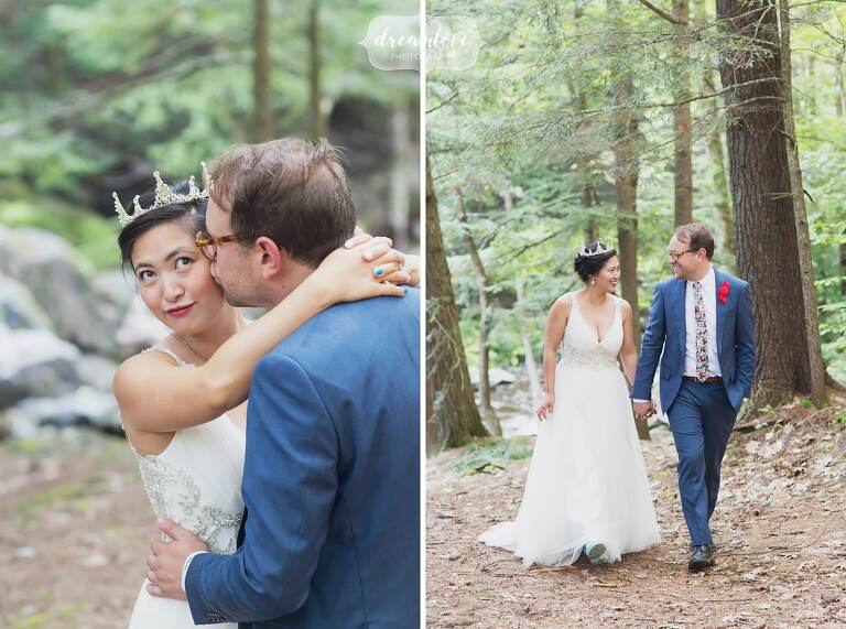 Bride and groom at their woodland wedding in Hanover, NH.