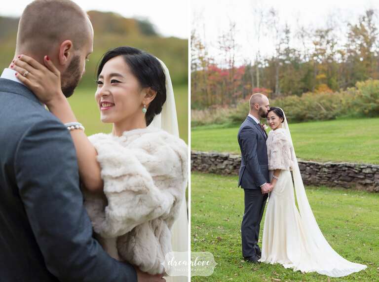 The bride wears a fur stole for this fall wedding in the Catskills.