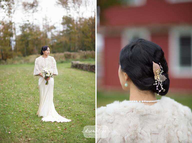 Beautiful Chinese bride in fur stole for this Catskills backyard wedding.
