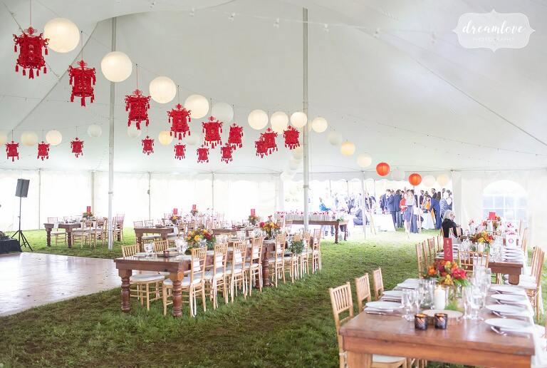 Asian american wedding decor for this tented reception in the Catskills.