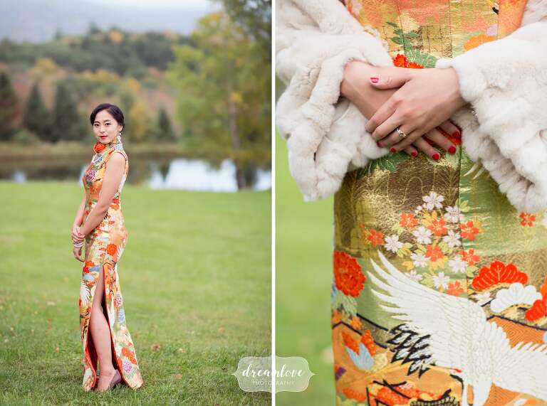 The bride wears an authentic Chinese dress at her Catskills backyard wedding.