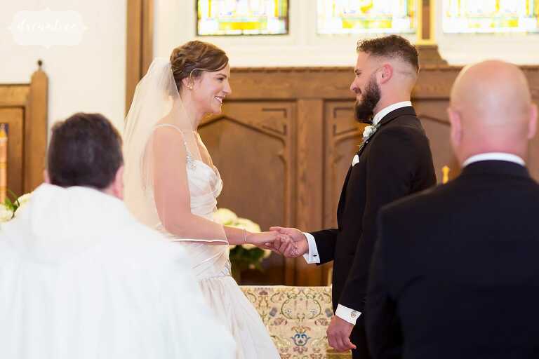 Happy bride and groom at ceremony in Windsor, VT.
