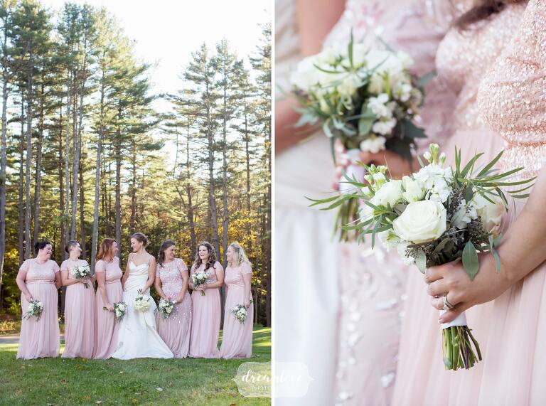 The bridesmaids pose in front of pine forest at Windsor Mansion venue.