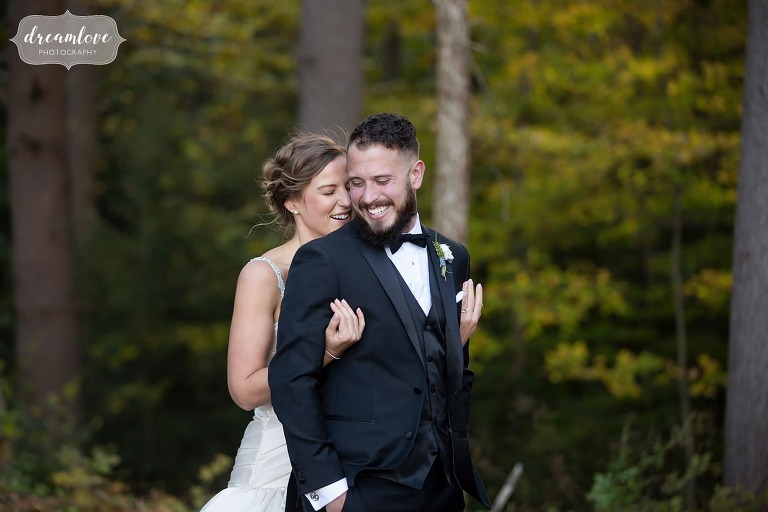 Happy bride and groom portraits in the fall at Windsor Mansion.