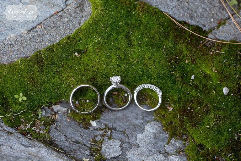 Wedding rings on moss at Windsor Mansion venue in VT.
