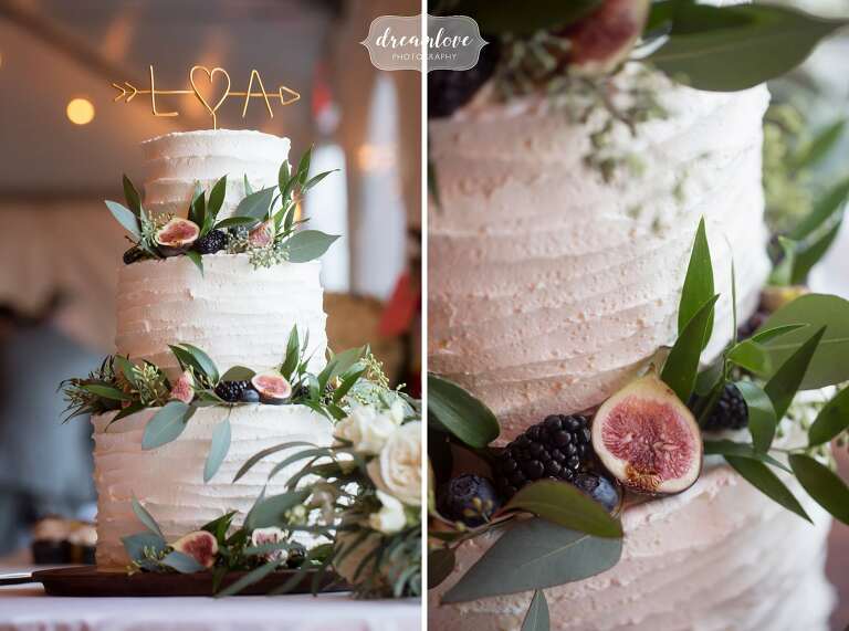 Simple wedding cake with raw figs and greenery at Windsor Mansion wedding.