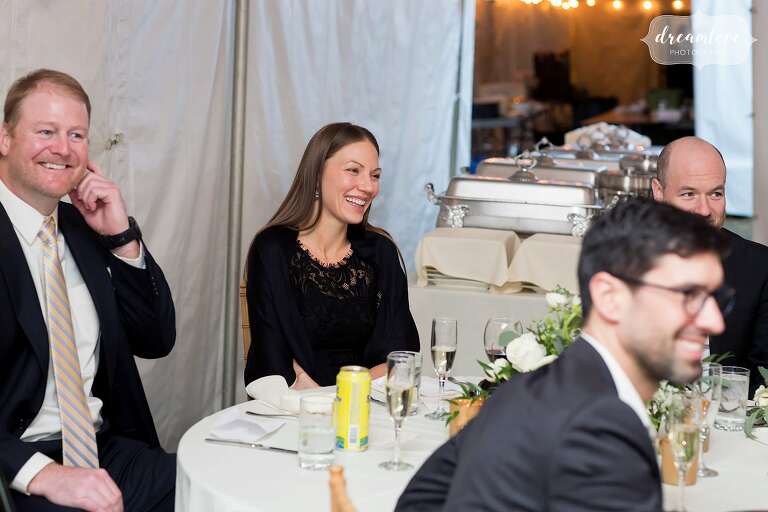Guests enjoy speeches at Windsor, VT wedding venue.