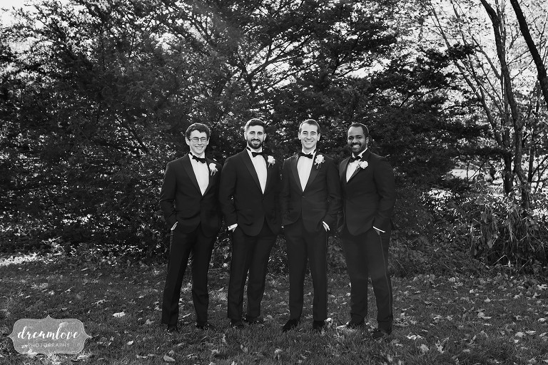 Classic wedding photography of groomsmen in tuxes in Newton, MA.