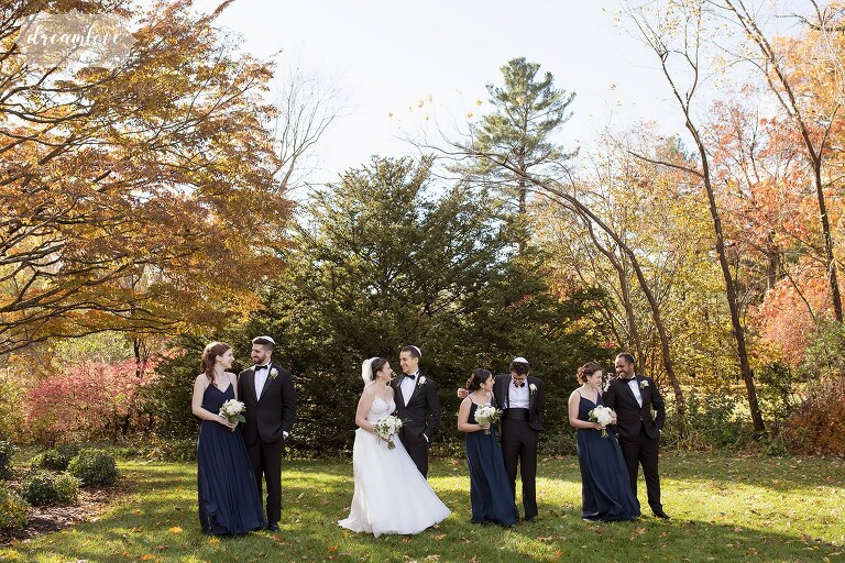 Boston Jewish wedding party portraits in November with fall foliage.