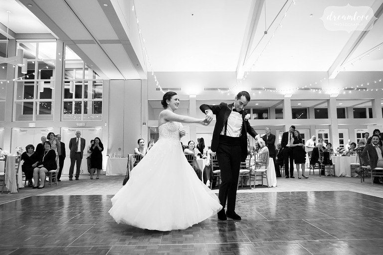 Bride and groom have their first dance at Temple Shir Tikva.
