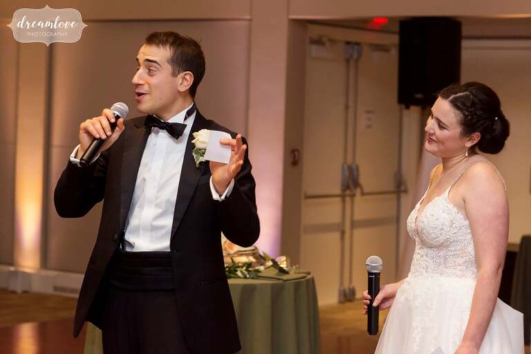 The bride and groom give their first toast at Temple Shir Tikva in Boston.