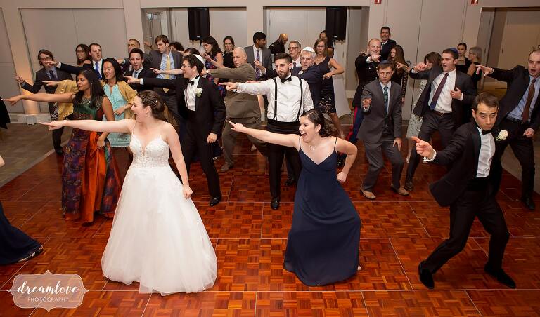 Guests dance at Boston Jewish wedding.