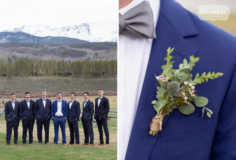 Groom in bright blue suit at Colorado mountain wedding.