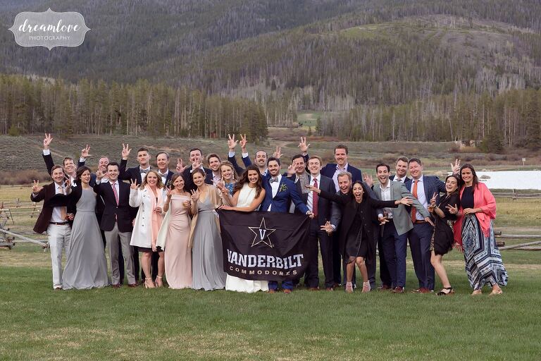 Vanderbilt group photo at Devil's Thumb Ranch wedding.