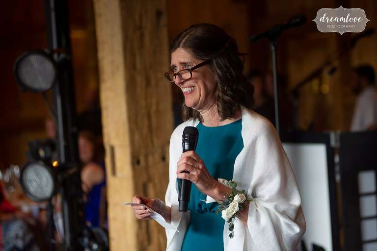 Mother of bride gives toast at Devil's Thumb Ranch.