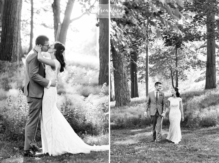 Classic wedding photography of bride and groom in woods at Lyman Estate.