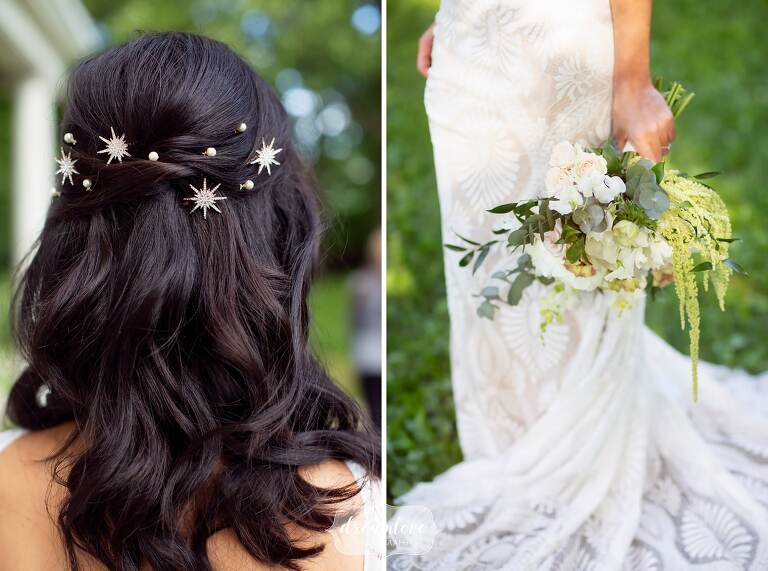 Bride wears star starburst hair pins for this Boston celestial wedding at Lyman.