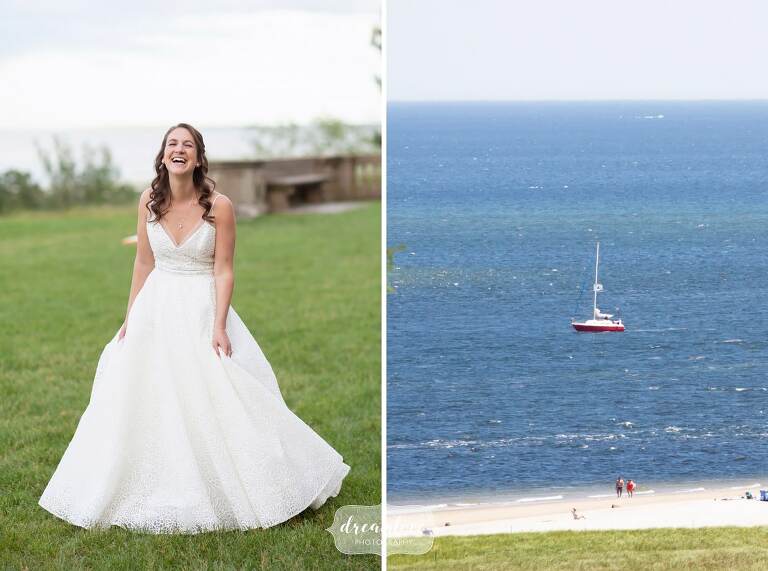 Bride laughing at ocean wedding on the North Shore of MA.