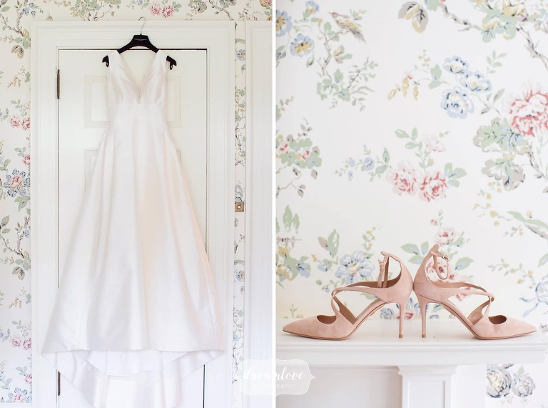 Bride's dress hangs in the bridal suite for this south shore estate wedding at Bradley.
