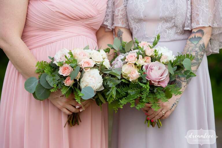 Artistic wedding photography of pastel bridesmaids in western Mass flowers.
