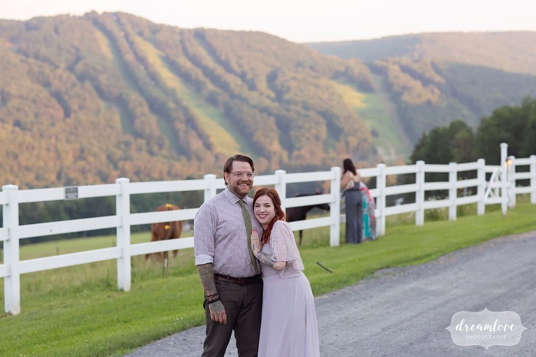 Candid guest photo in front of Berkshire East ski resort wedding.