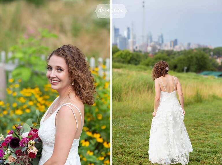 Philadelphia bride with city skyline at Bartram's Garden.