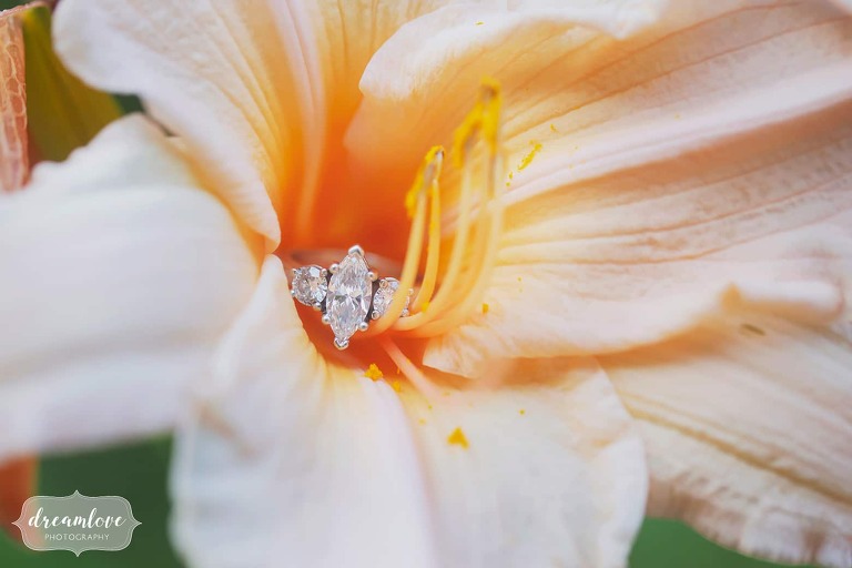 Artistic engagement photo in orange tiger lily flower.