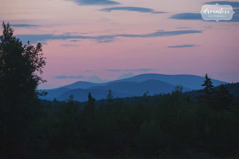 Scenic green mountains during twilight after southern VT engagement session.