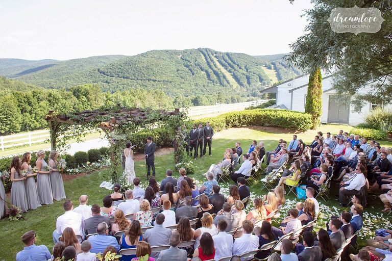 View of the outdoor ceremony space at the Warfield House overlooking Berkshire East Resort.