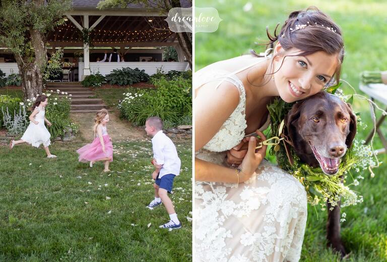 Bride with her chocolate lab dog at Warfield House wedding.