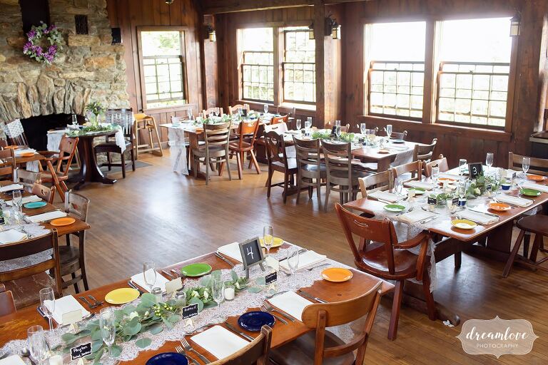 Dinner set up in the Bascom Lodge for a rustic wedding.
