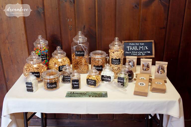 A custom trail mix table as guest favors at Bascom Lodge.
