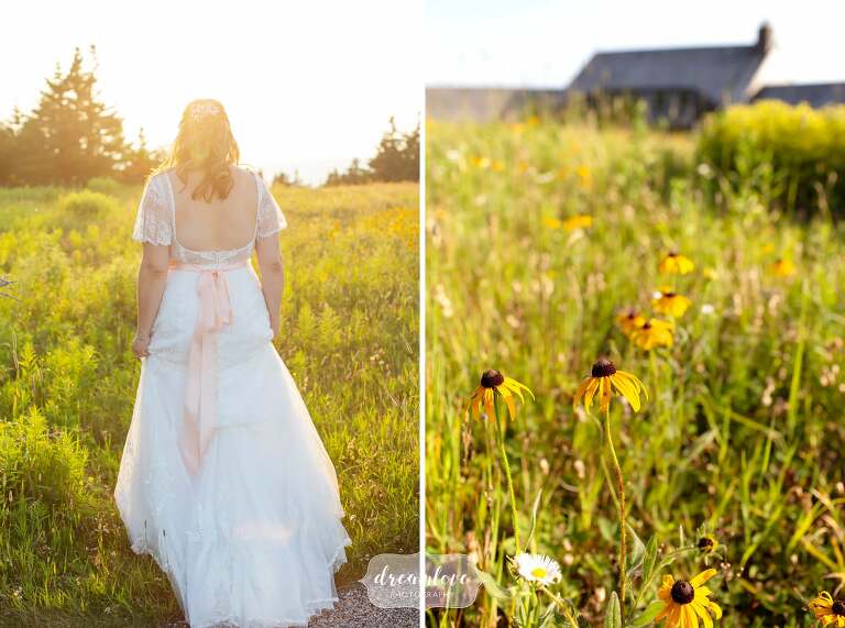 Warm tones photographer captures bride walking into sunset at Mt. Greylock.