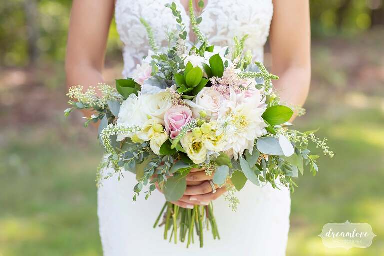Pastel bridal bouquet for this NH barn wedding.