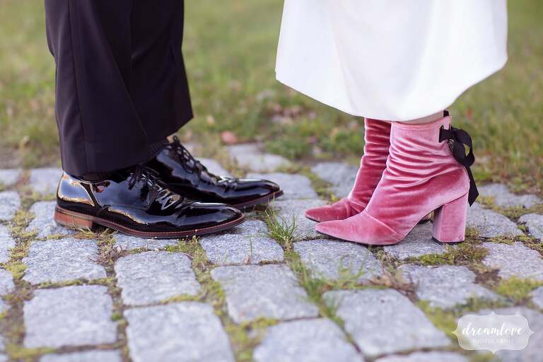 Pink velvet boots by Clergerie for wedding in Vermont.